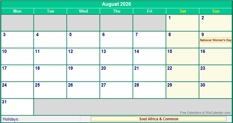 August 2026 Printable Calendar with South Africa Holidays