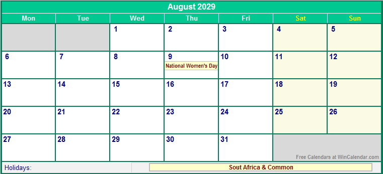 August 2029 Printable Calendar with South Africa Holidays