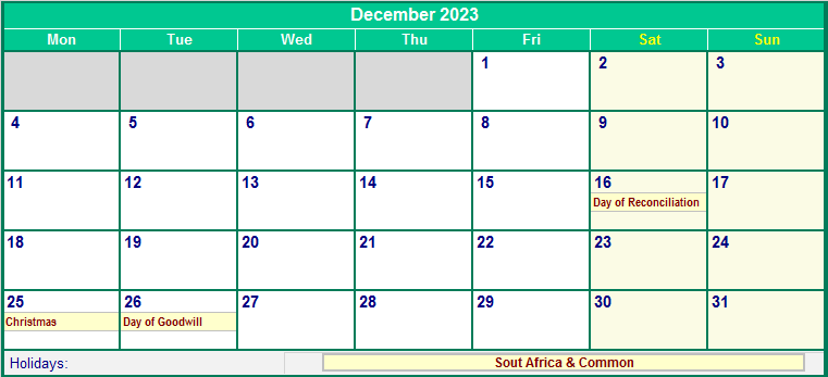 December 2023 Printable Calendar with South Africa Holidays
