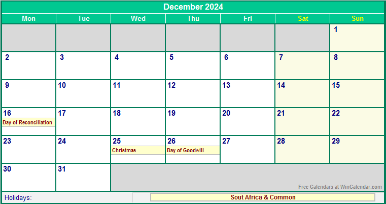 December 2024 Printable Calendar with South Africa Holidays