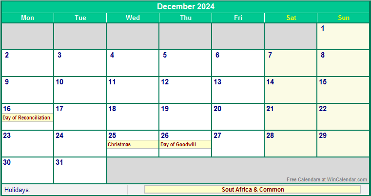 December 2024 South Africa Calendar With Holidays For Printing image 