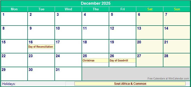 December 2025 Printable Calendar with South Africa Holidays