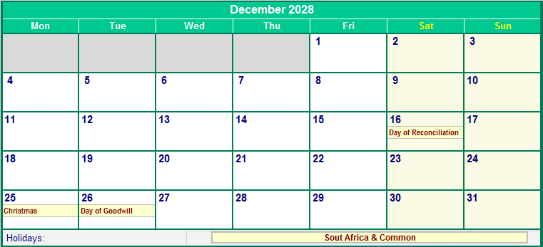 December 2028 Printable Calendar with South Africa Holidays