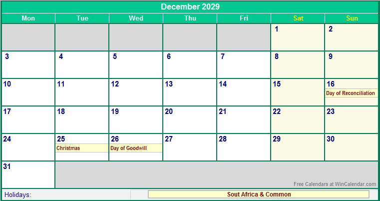December 2029 Printable Calendar with South Africa Holidays