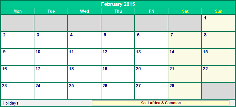 February 2015 Printable Calendar with South Africa Holidays