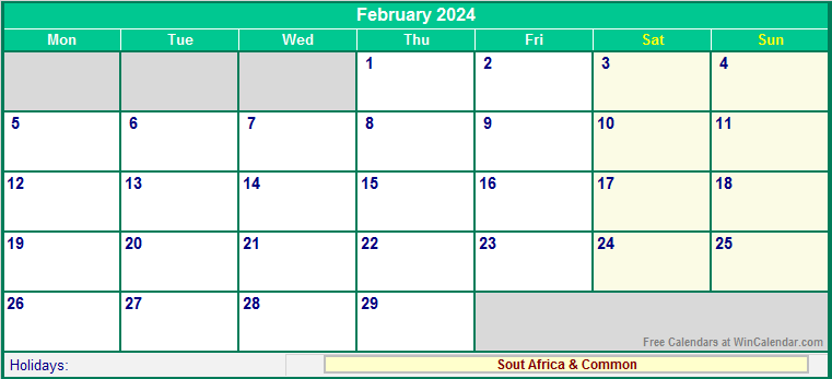 February 2024 Printable Calendar with South Africa Holidays