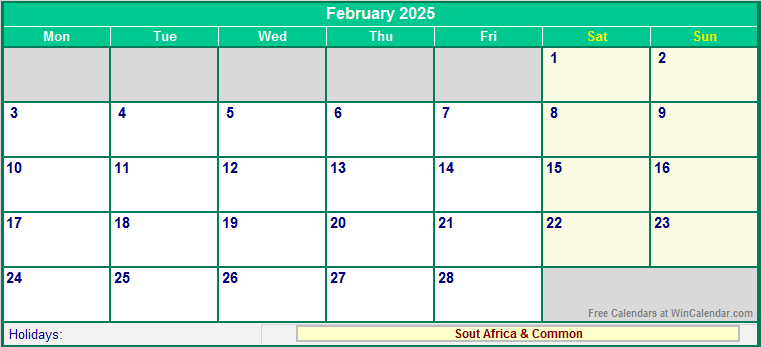 February 2025 Printable Calendar with South Africa Holidays
