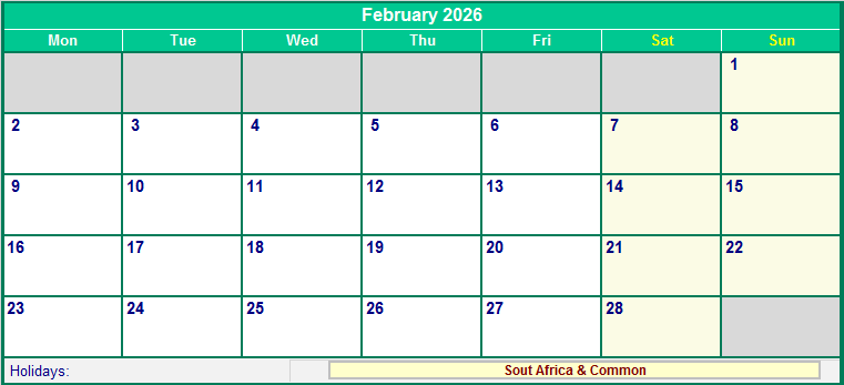 February 2026 Printable Calendar with South Africa Holidays