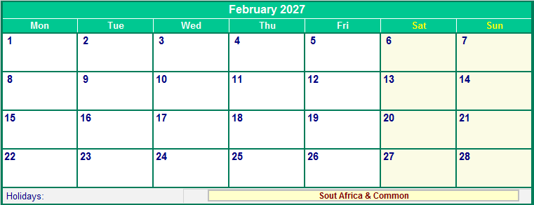 February 2027 Printable Calendar with South Africa Holidays