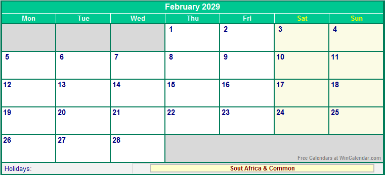 February 2029 Printable Calendar with South Africa Holidays