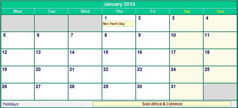 January 2015 Printable Calendar with South Africa Holidays