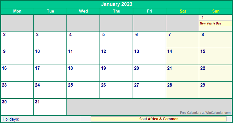 January 2023 Printable Calendar with South Africa Holidays