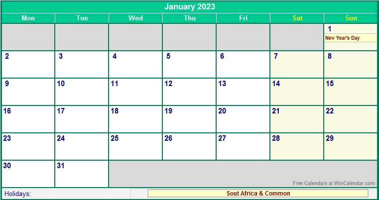 January 2023 South Africa Calendar With Holidays For Printing image 