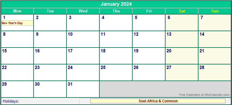 January 2024 Printable Calendar with South Africa Holidays