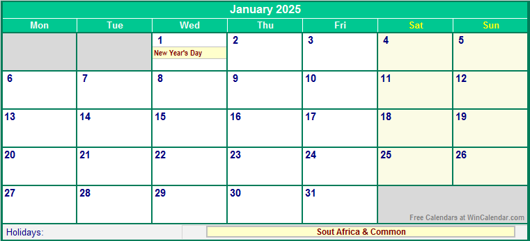 January 2025 South Africa Calendar with Holidays for printing (image format)