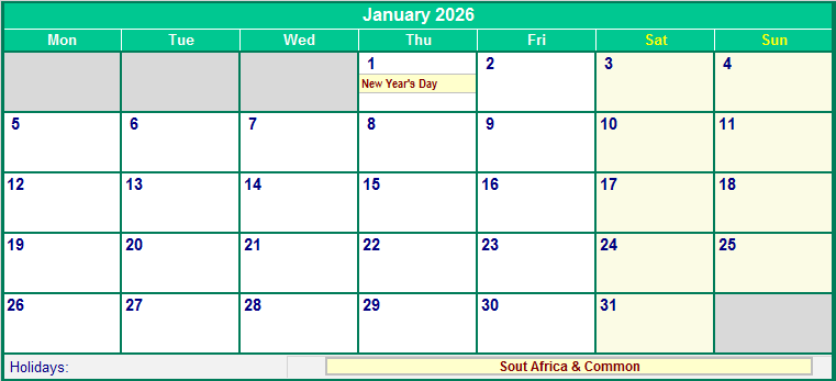 January 2026 Printable Calendar with South Africa Holidays