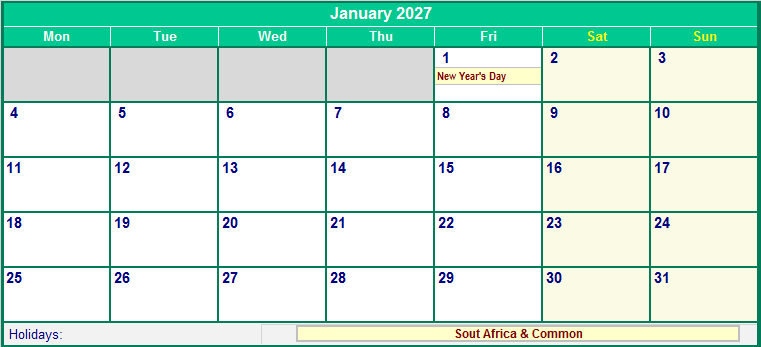 January 2027 Printable Calendar with South Africa Holidays