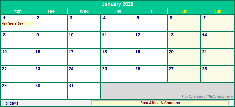 January 2029 Printable Calendar with South Africa Holidays