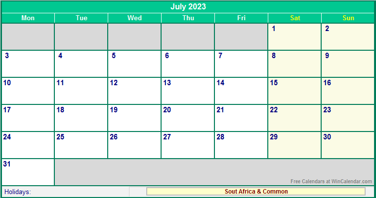 July 2023 South Africa Calendar With Holidays For Printing image Format 