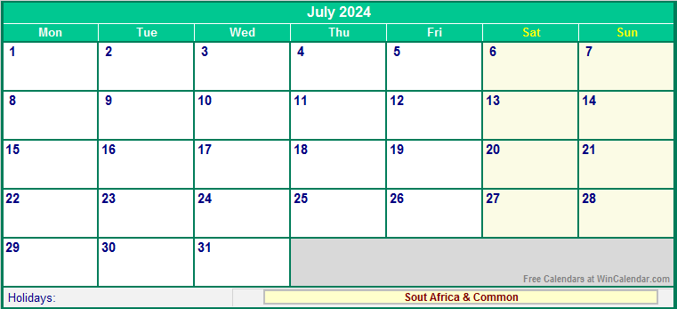 July 2024 Printable Calendar with South Africa Holidays