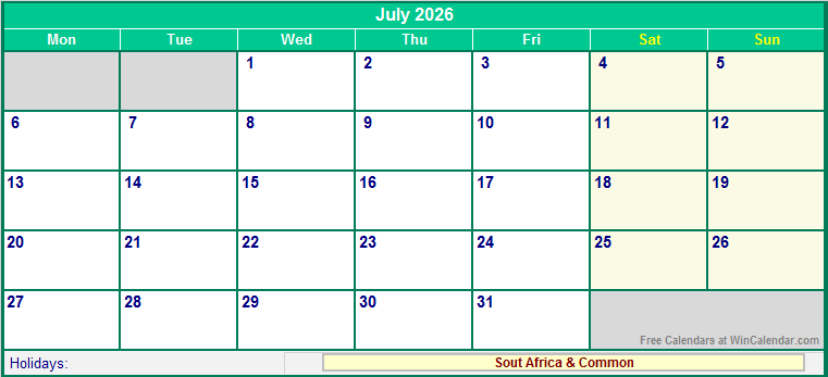 July 2026 Printable Calendar with South Africa Holidays