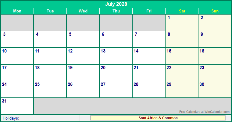 July 2028 Printable Calendar with South Africa Holidays