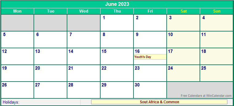 June 2023 Printable Calendar with South Africa Holidays