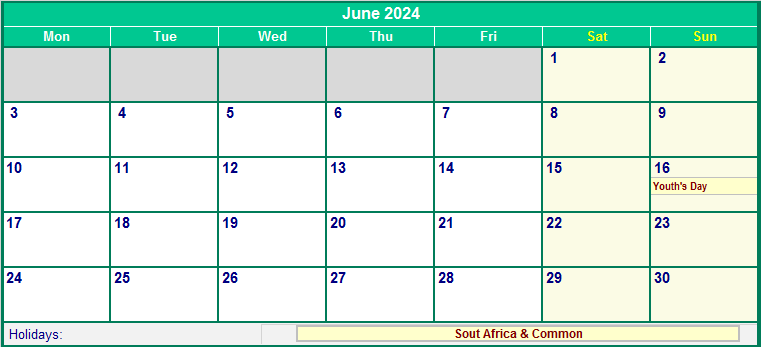 June 2024 Printable Calendar with South Africa Holidays