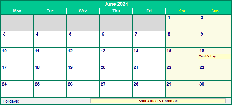 June 2024 South Africa Calendar With Holidays For Printing image Format 