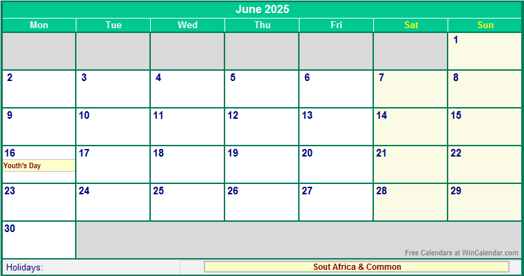 June 2025 Printable Calendar with South Africa Holidays