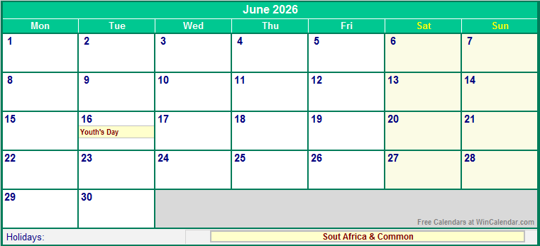 June 2026 Printable Calendar with South Africa Holidays