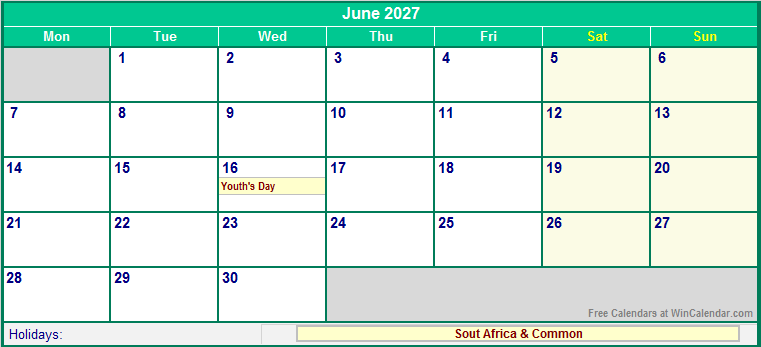 June 2027 Printable Calendar with South Africa Holidays