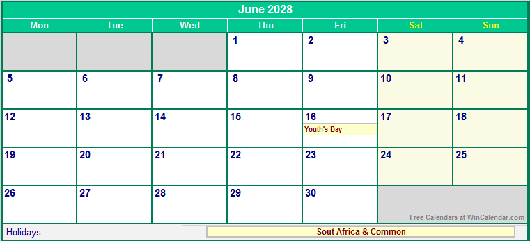 June 2028 Printable Calendar with South Africa Holidays