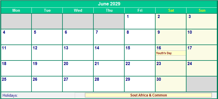 June 2029 Printable Calendar with South Africa Holidays