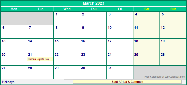 March 2023 Printable Calendar with South Africa Holidays