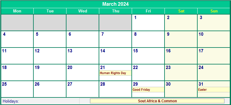 March 2024 Printable Calendar with South Africa Holidays