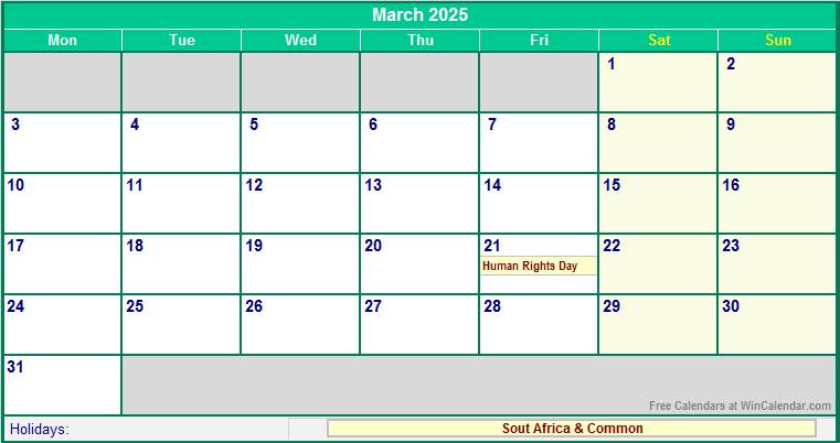 March 2025 Printable Calendar with South Africa Holidays