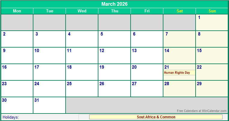 March 2026 Printable Calendar with South Africa Holidays