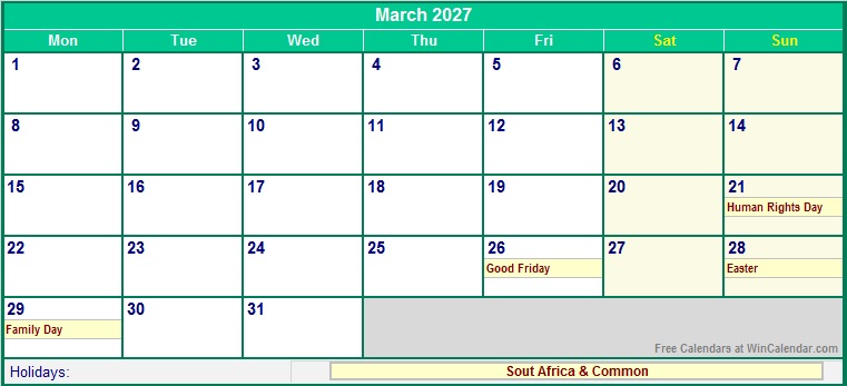 March 2027 Printable Calendar with South Africa Holidays