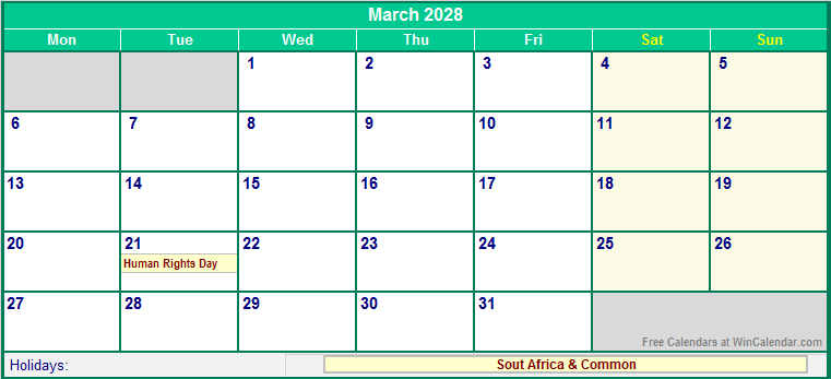 March 2028 Printable Calendar with South Africa Holidays