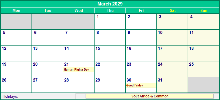 March 2029 Printable Calendar with South Africa Holidays