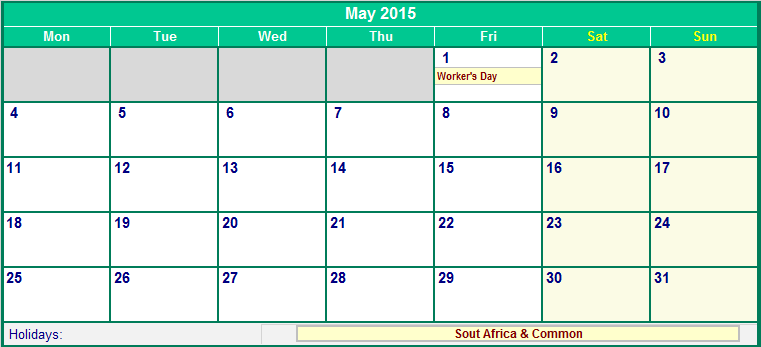May 2015 Printable Calendar with South Africa Holidays