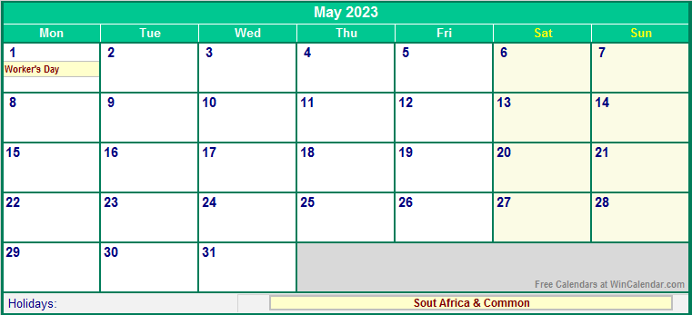 May 2023 South Africa Calendar With Holidays For Printing image Format 