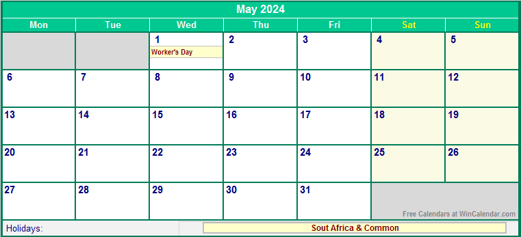 May 2024 Printable Calendar with South Africa Holidays