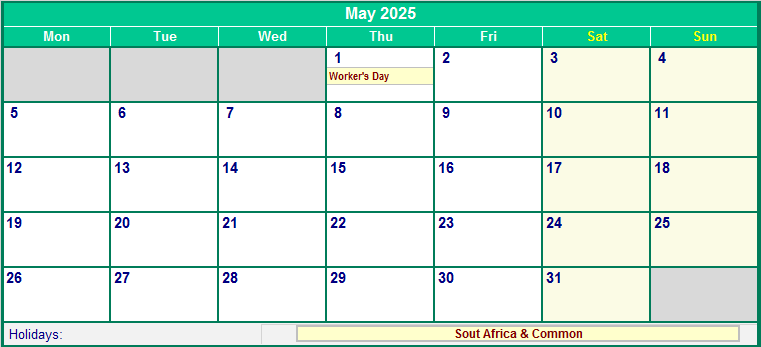 May 2025 Printable Calendar with South Africa Holidays