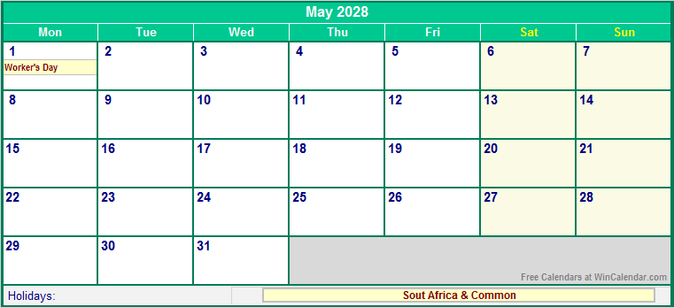 May 2028 Printable Calendar with South Africa Holidays