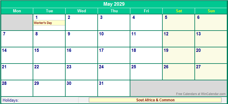 May 2029 Printable Calendar with South Africa Holidays
