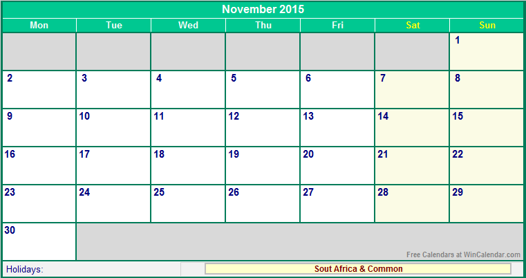 November 2015 Printable Calendar with South Africa Holidays