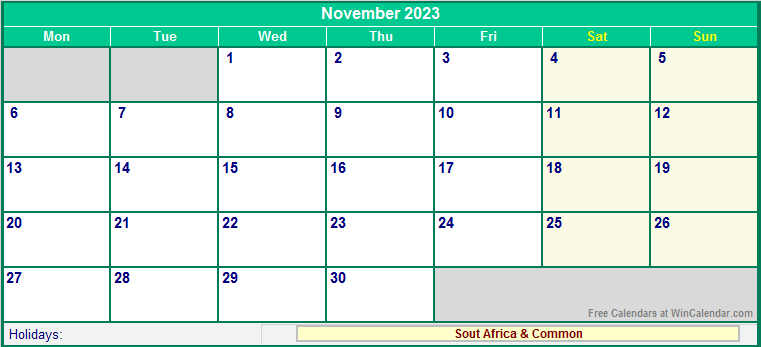 November 2023 Printable Calendar with South Africa Holidays
