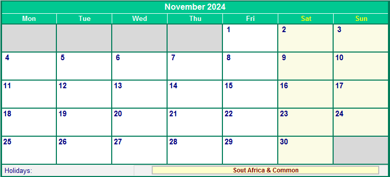 November 2024 Printable Calendar with South Africa Holidays